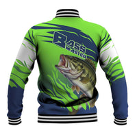 Bass Master Fishing Baseball Jacket with Jumping Largemouth Bass and Green Wave Pattern - Wonder Print Shop