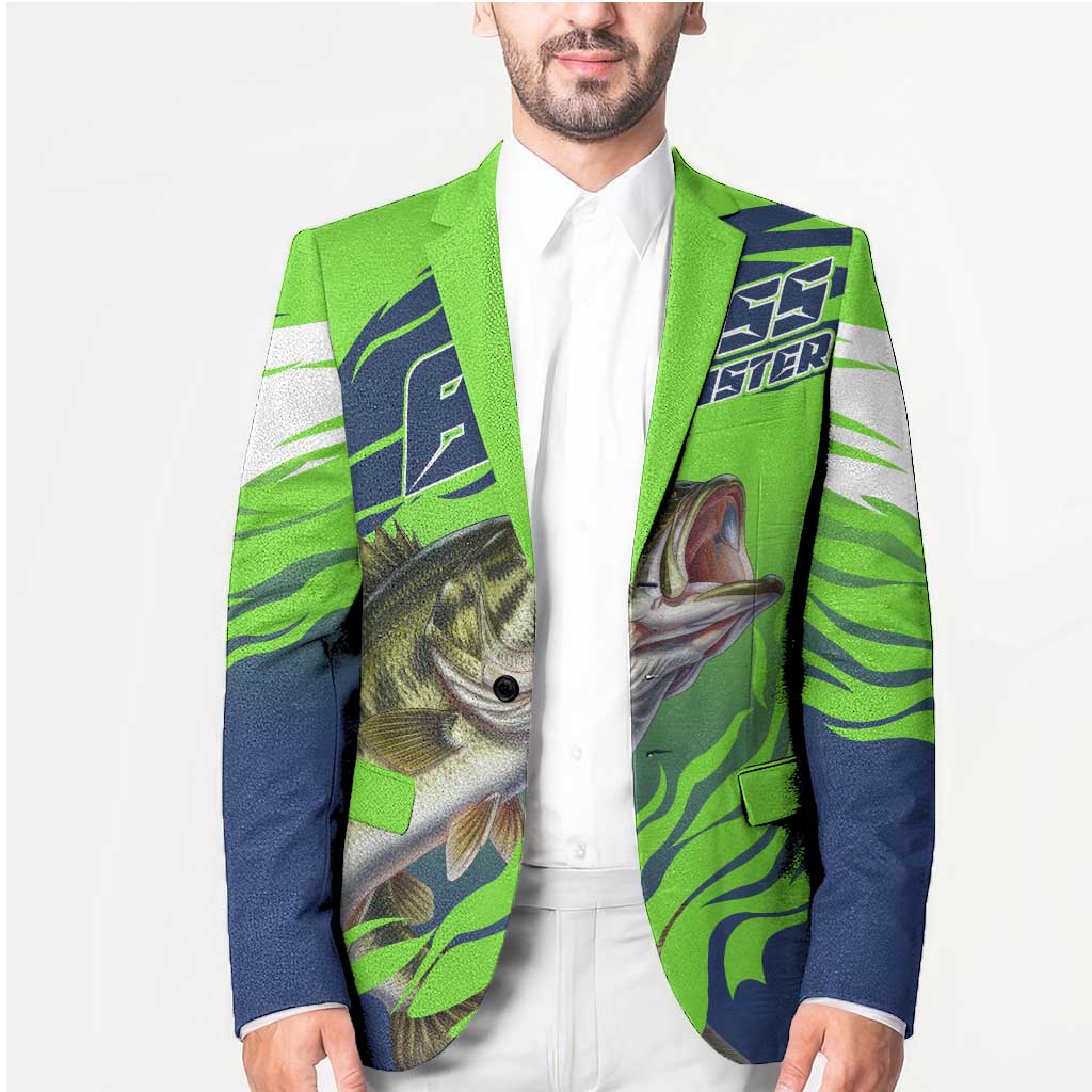 Bass Master Fishing Blazer with Jumping Largemouth Bass and Green Wave Pattern - Wonder Print Shop