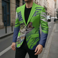 Bass Master Fishing Blazer with Jumping Largemouth Bass and Green Wave Pattern - Wonder Print Shop