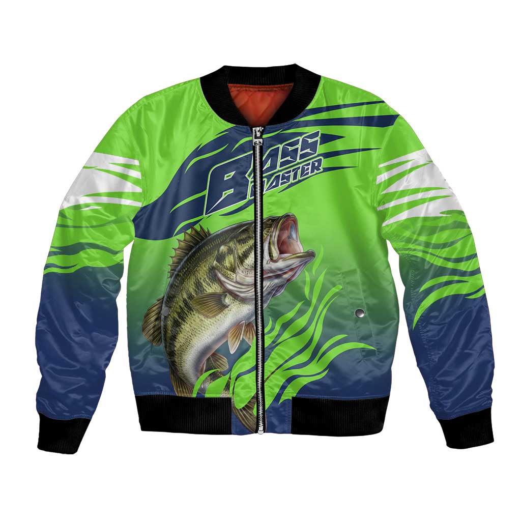 Bass Master Fishing Bomber Jacket with Jumping Largemouth Bass and Green Wave Pattern - Wonder Print Shop