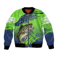 Bass Master Fishing Bomber Jacket with Jumping Largemouth Bass and Green Wave Pattern - Wonder Print Shop
