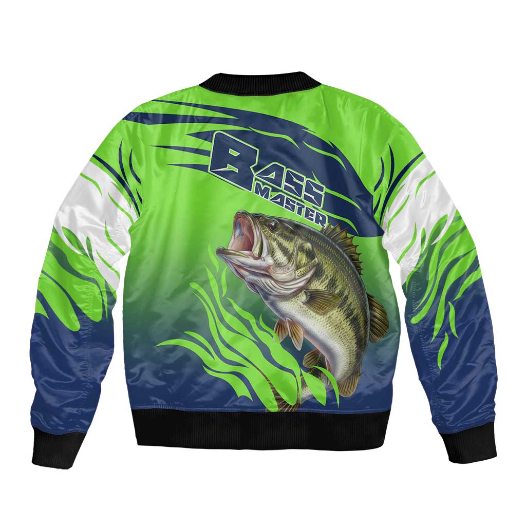 Bass Master Fishing Bomber Jacket with Jumping Largemouth Bass and Green Wave Pattern - Wonder Print Shop
