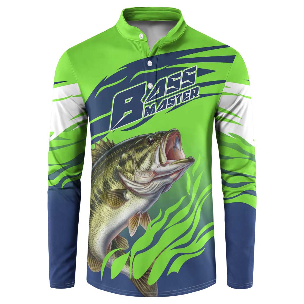 Bass Master Fishing Button Sweatshirt with Jumping Largemouth Bass and Green Wave Pattern - Wonder Print Shop