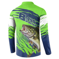 Bass Master Fishing Button Sweatshirt with Jumping Largemouth Bass and Green Wave Pattern - Wonder Print Shop