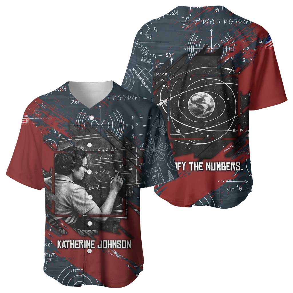 Katherine Johnson Baseball Jersey with Chalkboard Math Scene, Verify the Numbers Quote and Space Orbit - Wonder Print Shop