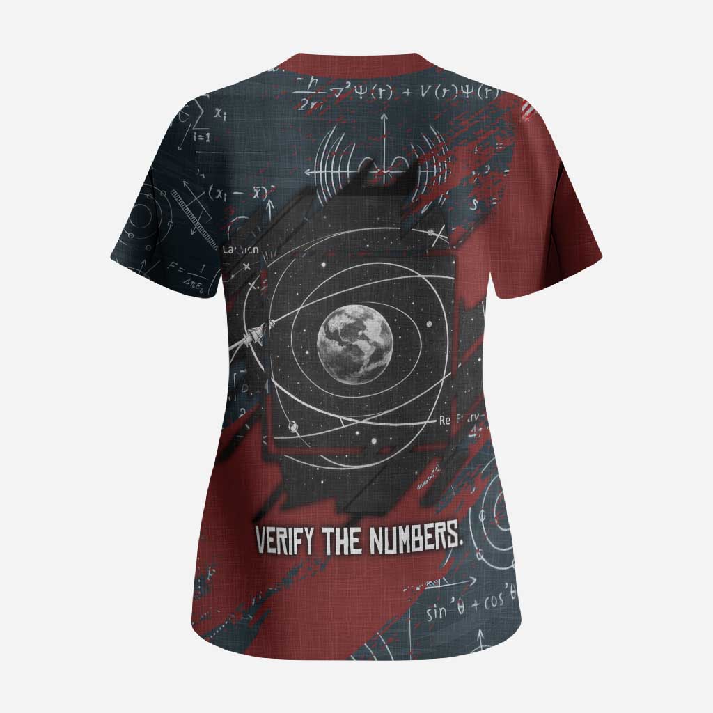 Katherine Johnson Scrub Top with Chalkboard Math Scene, Verify the Numbers Quote and Space Orbit - Wonder Print Shop