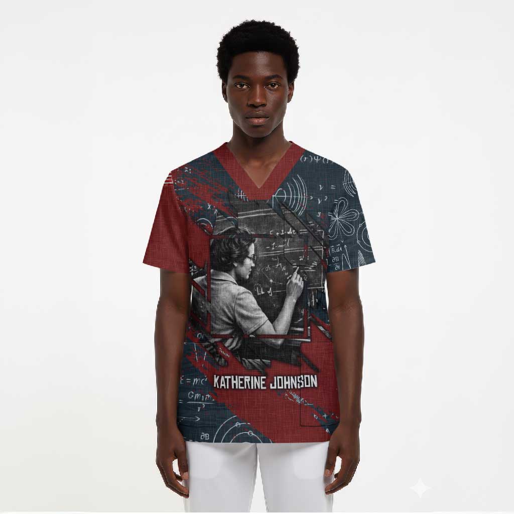 Katherine Johnson Scrub Top with Chalkboard Math Scene, Verify the Numbers Quote and Space Orbit - Wonder Print Shop