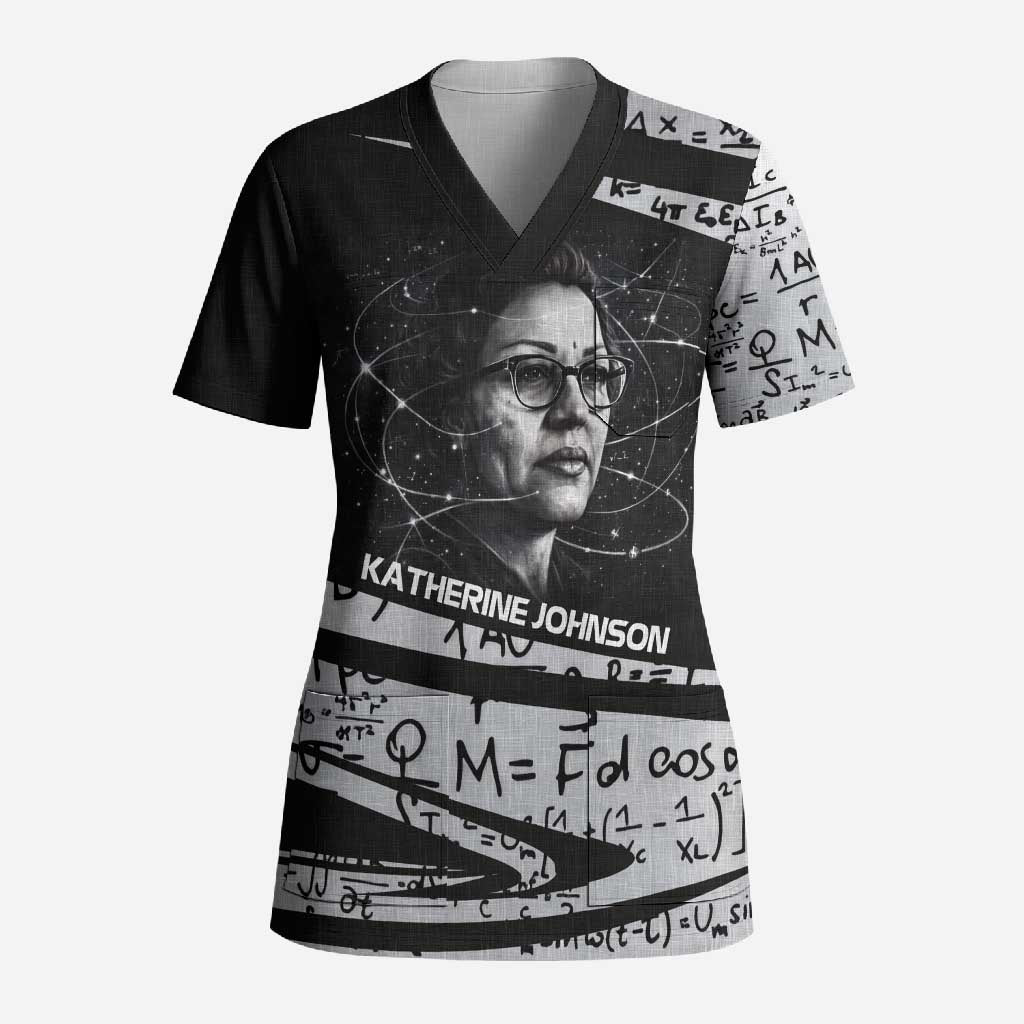 Katherine Johnson Scrub Top with Orbital Space Portrait, Historic NASA Launch Dates and Physics - Wonder Print Shop