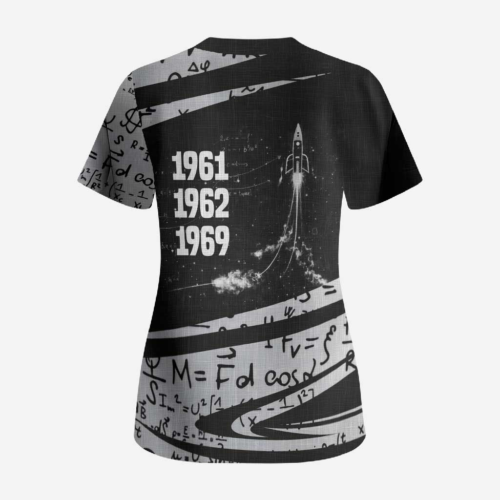 Katherine Johnson Scrub Top with Orbital Space Portrait, Historic NASA Launch Dates and Physics - Wonder Print Shop