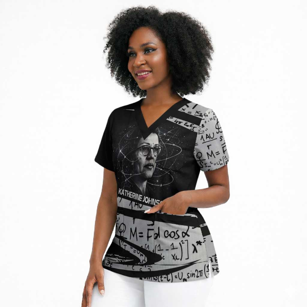 Katherine Johnson Scrub Top with Orbital Space Portrait, Historic NASA Launch Dates and Physics - Wonder Print Shop