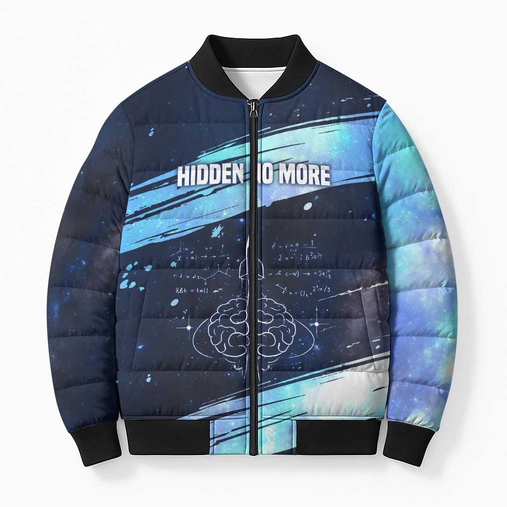 Katherine Johnson Bomber Puffer Jacket with Galaxy Background, Hidden No More Quote and Rocket Brain Equation - Wonder Print Shop