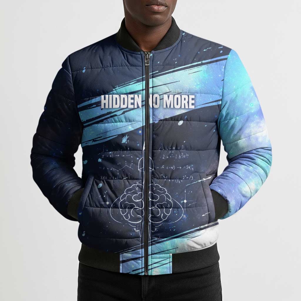 Katherine Johnson Bomber Puffer Jacket with Galaxy Background, Hidden No More Quote and Rocket Brain Equation - Wonder Print Shop