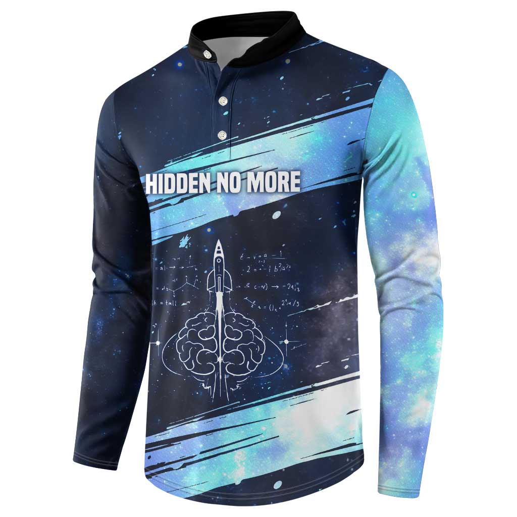 Katherine Johnson Button Sweatshirt with Galaxy Background, Hidden No More Quote and Rocket Brain Equation