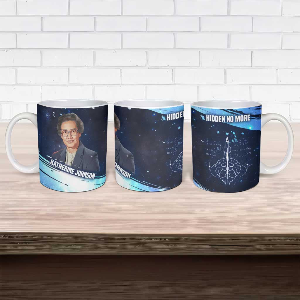 Katherine Johnson Ceramic Mug with Galaxy Background, Hidden No More Quote and Rocket Brain Equation - Wonder Print Shop