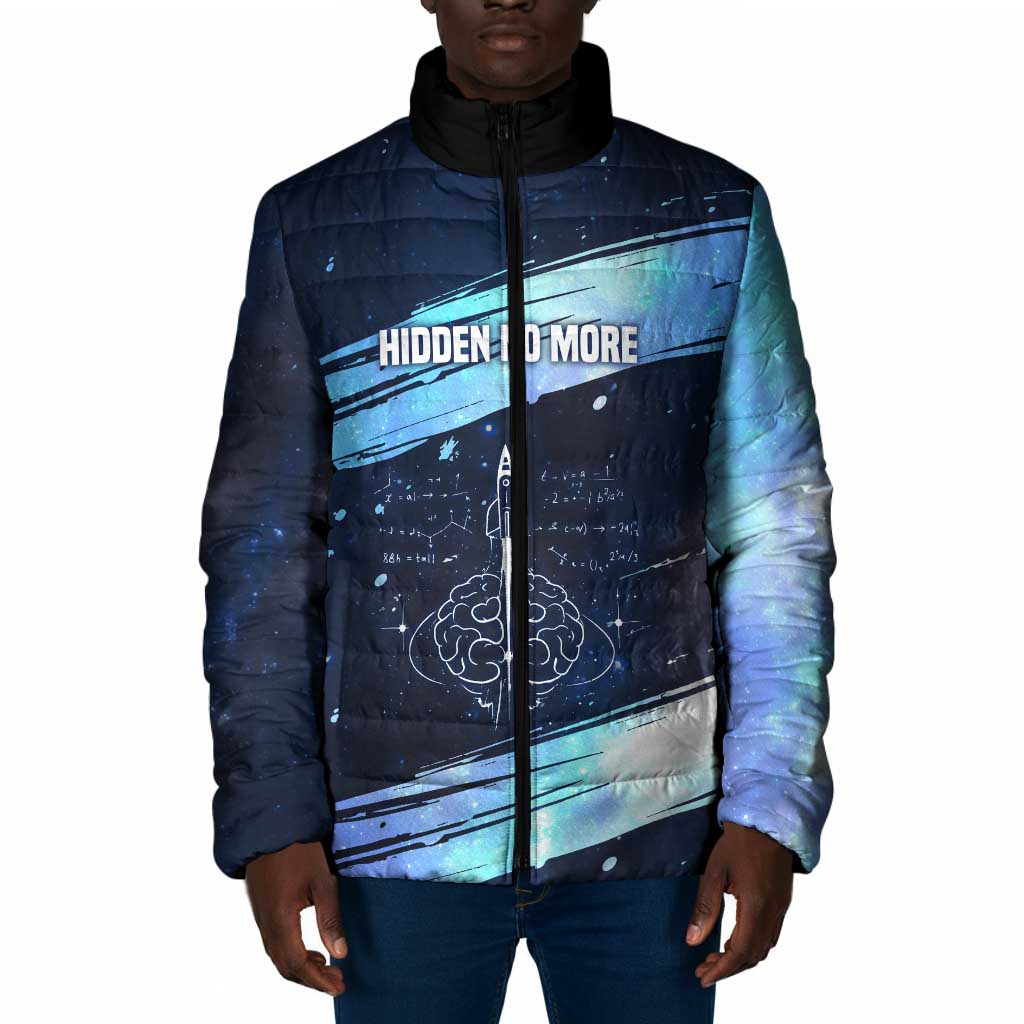 Katherine Johnson Padded Jacket with Galaxy Background, Hidden No More Quote and Rocket Brain Equation - Wonder Print Shop
