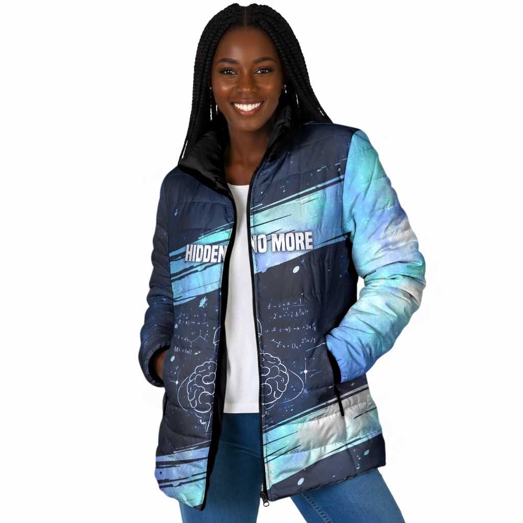 Katherine Johnson Padded Jacket with Galaxy Background, Hidden No More Quote and Rocket Brain Equation - Wonder Print Shop