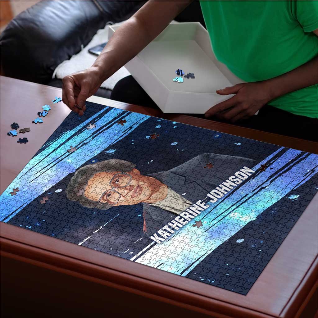 Katherine Johnson Puzzle with Galaxy Background, Hidden No More Quote and Rocket Brain Equation - Wonder Print Shop