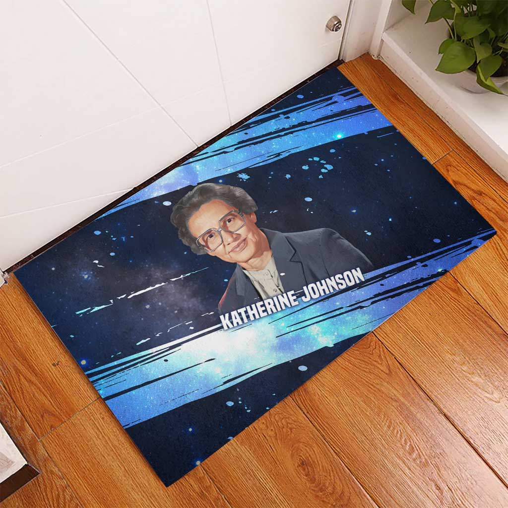 Katherine Johnson Rubber Doormat with Galaxy Background, Hidden No More Quote and Rocket Brain Equation - Wonder Print Shop