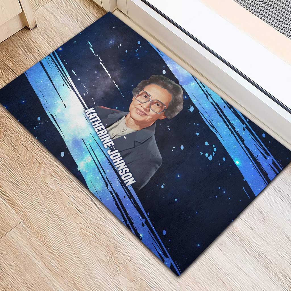 Katherine Johnson Rubber Doormat with Galaxy Background, Hidden No More Quote and Rocket Brain Equation - Wonder Print Shop