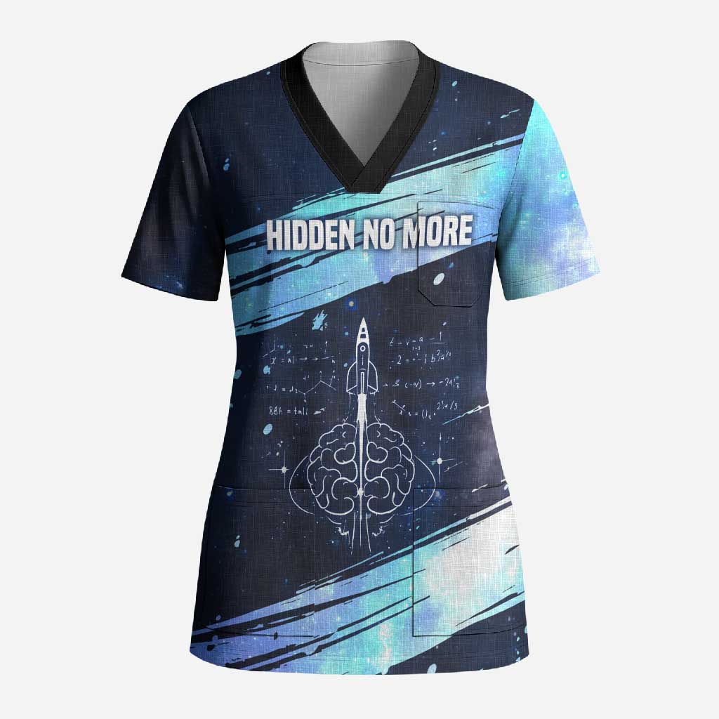 Katherine Johnson Scrub Top with Galaxy Background, Hidden No More Quote and Rocket Brain Equation - Wonder Print Shop