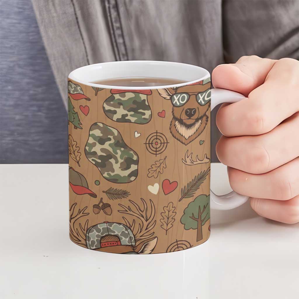 Valentine Buck Ceramic Mug with Camo Cap and XOXO Pattern Retro Hunting