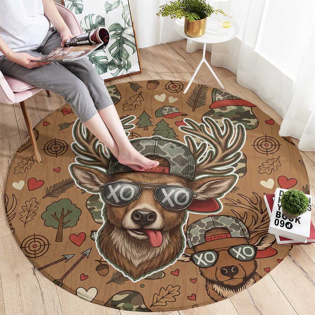 Valentine Buck Round Carpet with Camo Cap and XOXO Pattern Retro Hunting