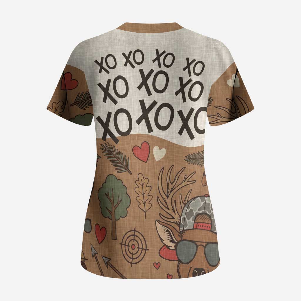 Valentine Buck Scrub Top with Camo Cap and XOXO Pattern Retro Hunting