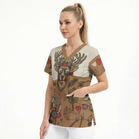Valentine Buck Scrub Top with Camo Cap and XOXO Pattern Retro Hunting