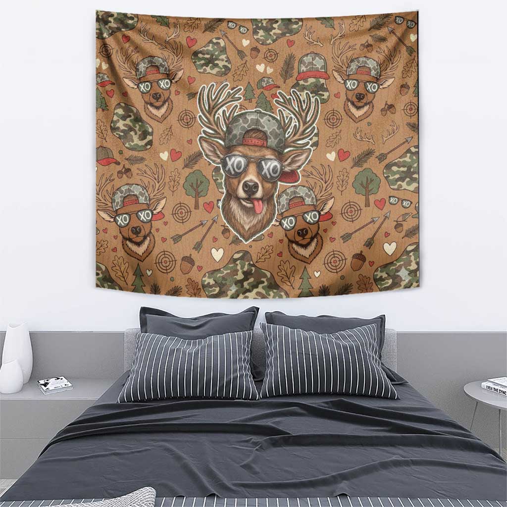 Valentine Buck Tapestry with Camo Cap and XOXO Pattern Retro Hunting