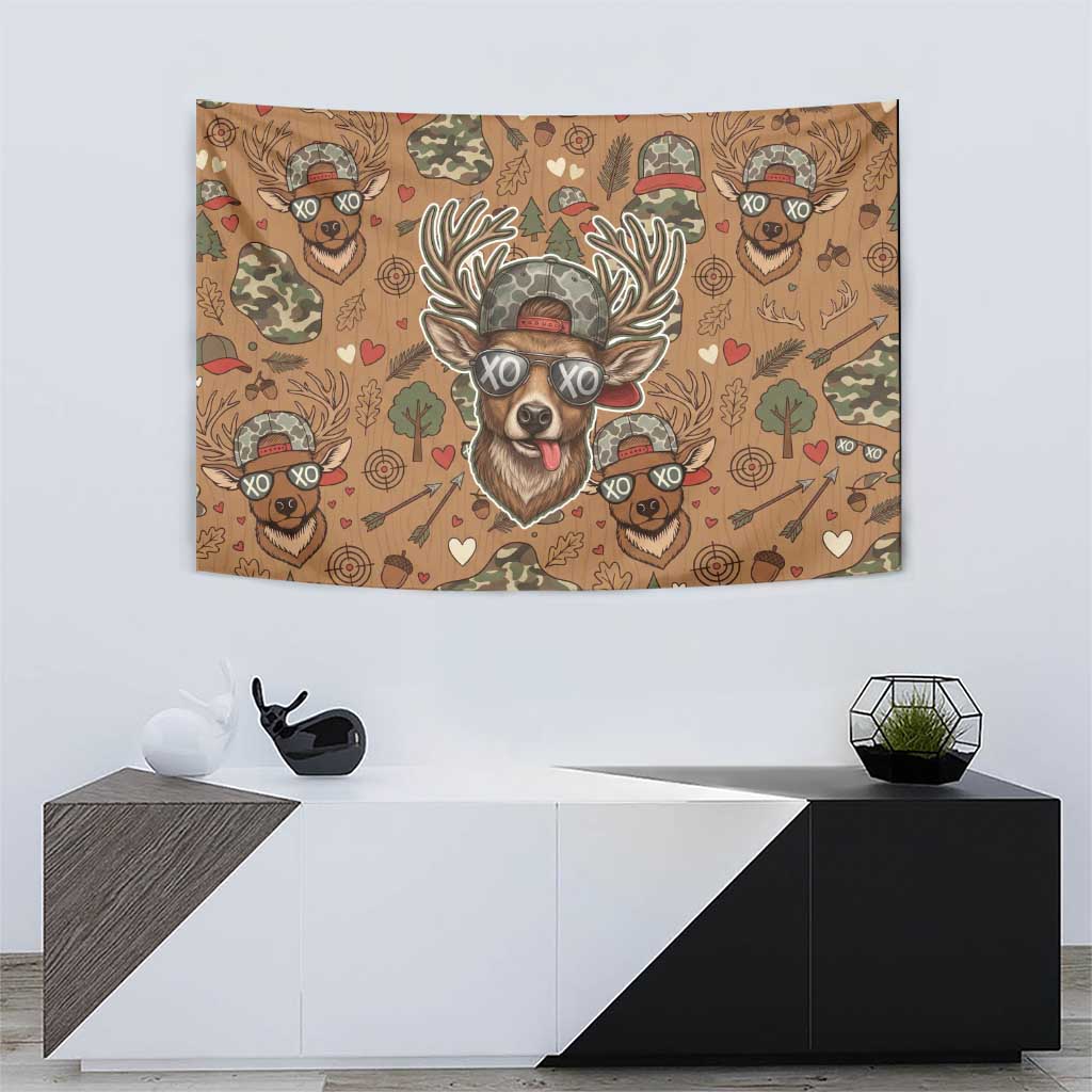 Valentine Buck Tapestry with Camo Cap and XOXO Pattern Retro Hunting