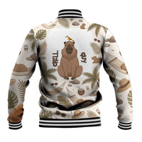 Chill Capybara Vibes Baseball Jacket with Hammock and Coconut Tropical Relaxed Style