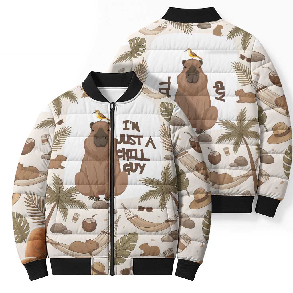 Chill Capybara Vibes Bomber Puffer Jacket with Hammock and Coconut Tropical Relaxed Style
