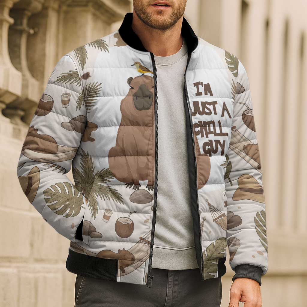 Chill Capybara Vibes Bomber Puffer Jacket with Hammock and Coconut Tropical Relaxed Style