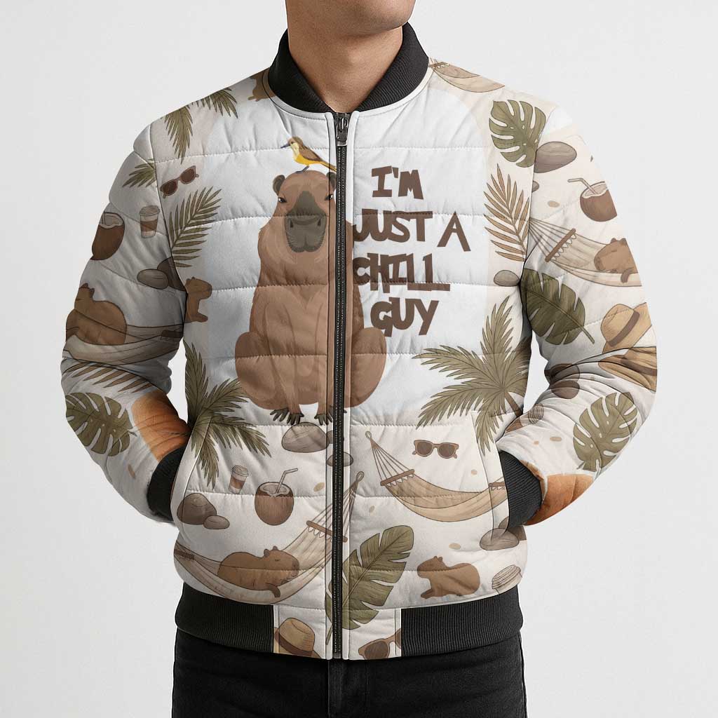 Chill Capybara Vibes Bomber Puffer Jacket with Hammock and Coconut Tropical Relaxed Style