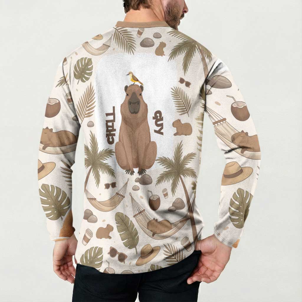 Chill Capybara Vibes Button Sweatshirt with Hammock and Coconut Tropical Relaxed Style