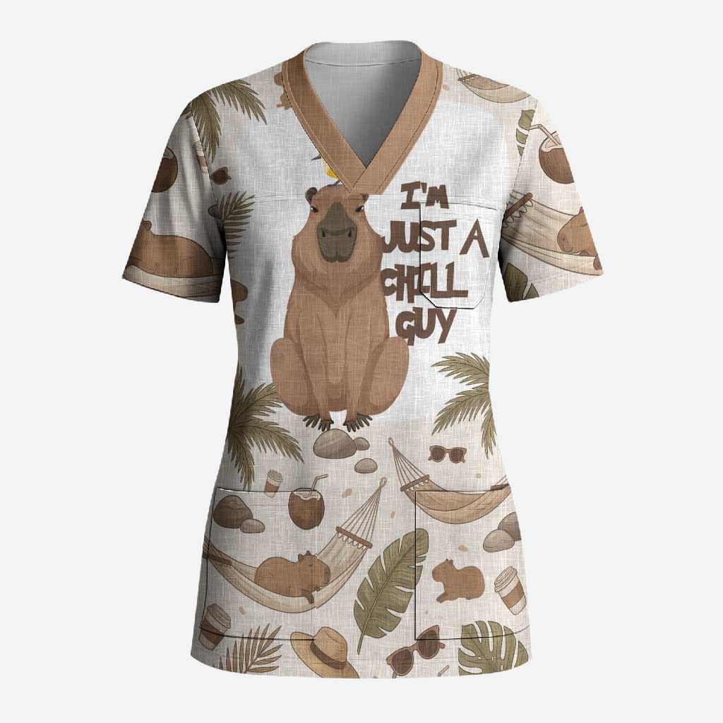 Chill Capybara Vibes Scrub Top with Hammock and Coconut Tropical Relaxed Style