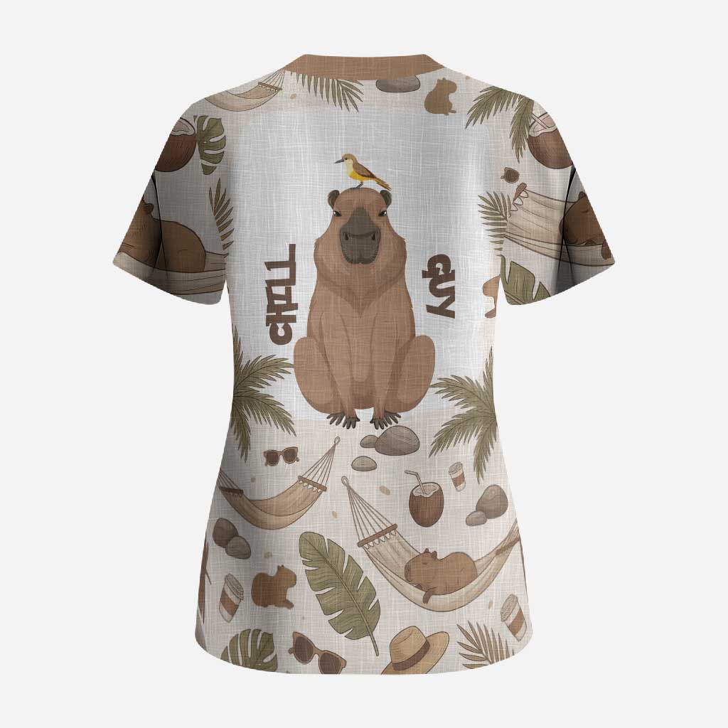 Chill Capybara Vibes Scrub Top with Hammock and Coconut Tropical Relaxed Style