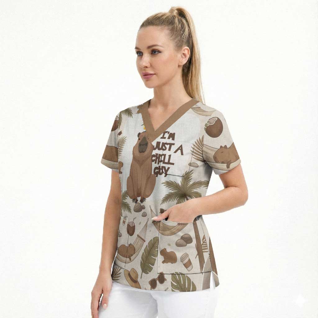 Chill Capybara Vibes Scrub Top with Hammock and Coconut Tropical Relaxed Style