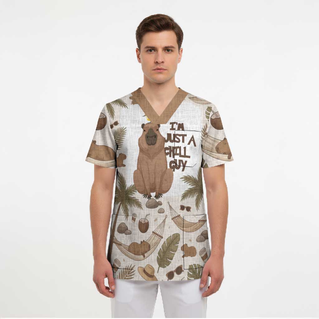 Chill Capybara Vibes Scrub Top with Hammock and Coconut Tropical Relaxed Style