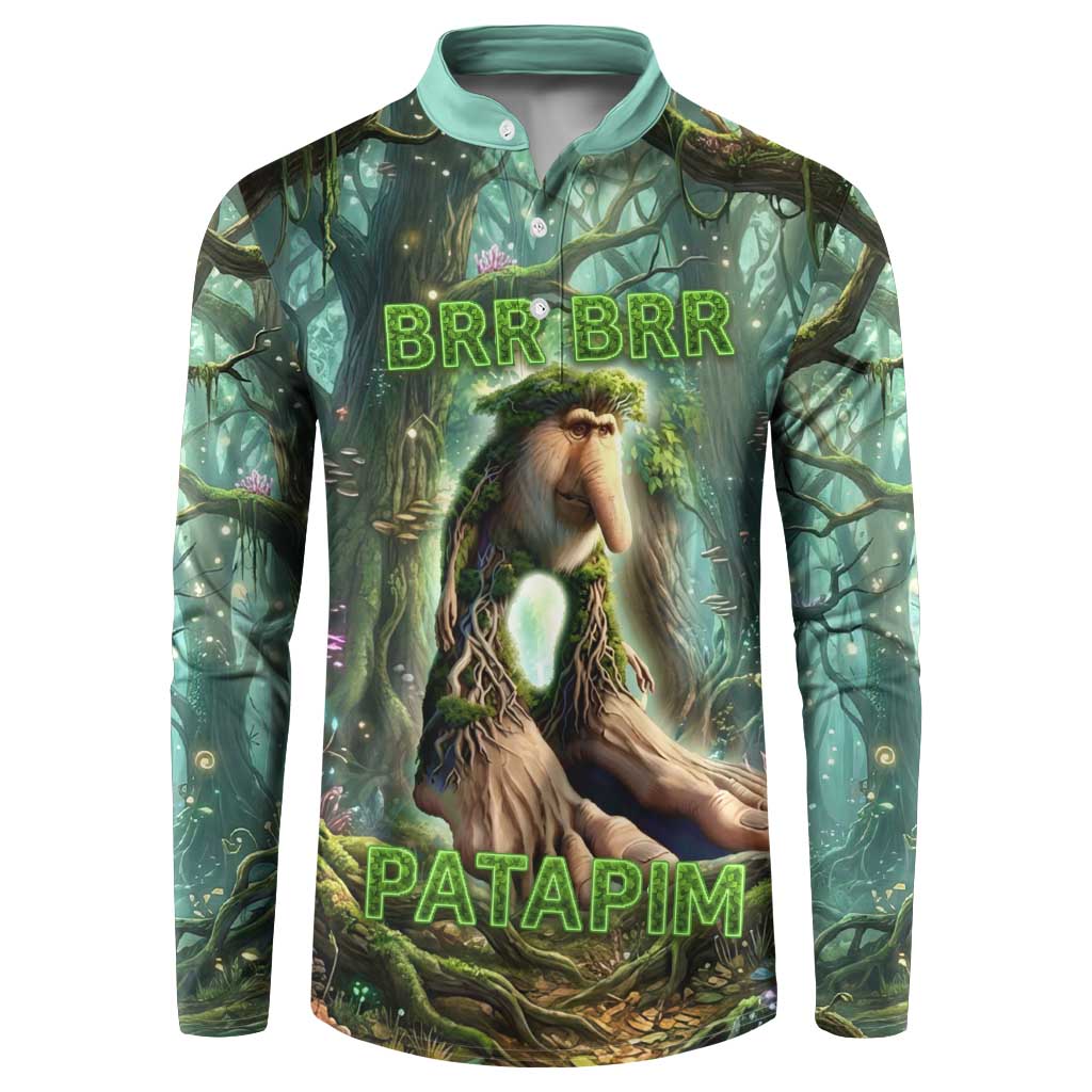 Brr Brr Patapim Button Sweatshirt Glowing Heart and Magical Tree Roots in Enchanted Woods