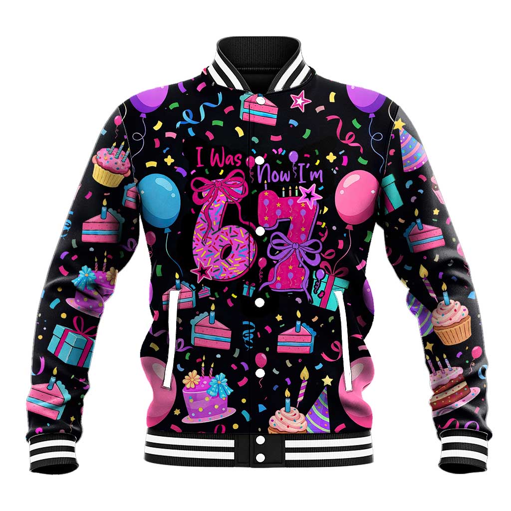 7th Birthday Girl Baseball Jacket with Cake Balloons Confetti and I Was 6 Now I'm 7