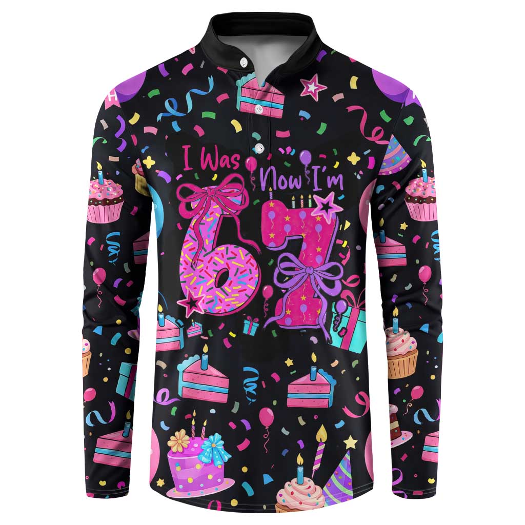 7th Birthday Girl Button Sweatshirt with Cake Balloons Confetti and I Was 6 Now I'm 7