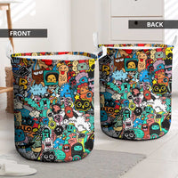 Happy Doodle Monsters Sticker Bomb Laundry Basket Funny Graffiti Style Cartoon