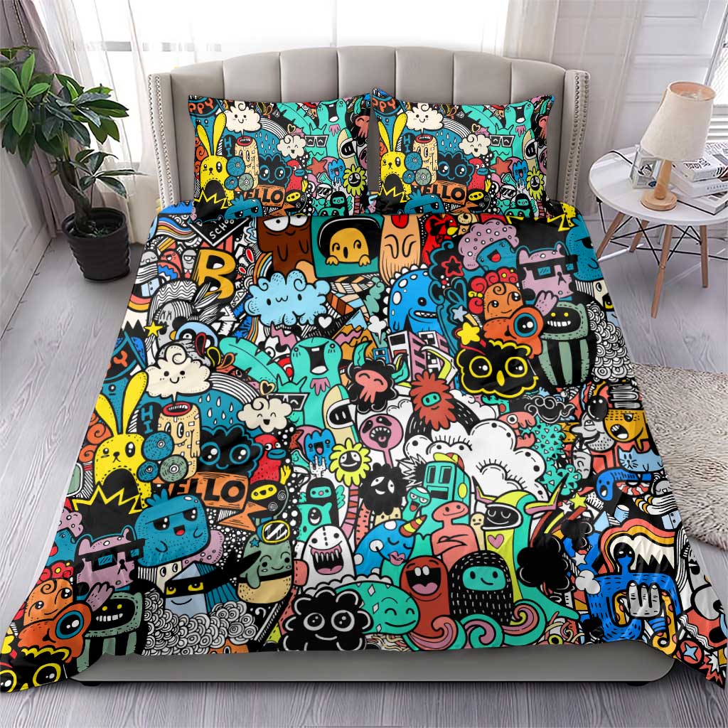 Happy Doodle Monsters Sticker Bomb Bedding Set Funny Graffiti Style Cartoon
