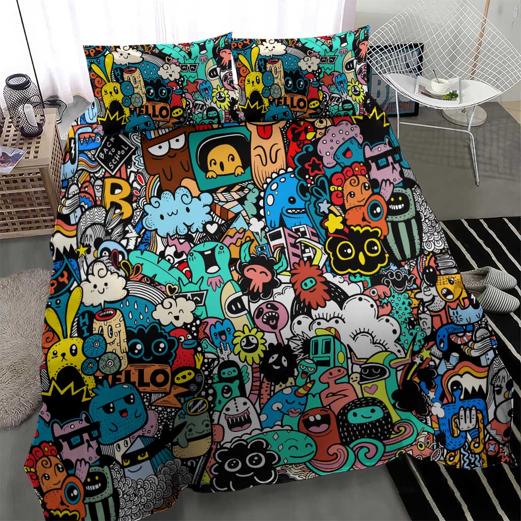 Happy Doodle Monsters Sticker Bomb Bedding Set Funny Graffiti Style Cartoon