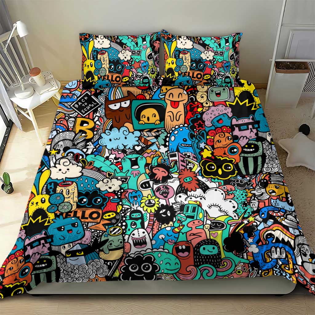 Happy Doodle Monsters Sticker Bomb Bedding Set Funny Graffiti Style Cartoon