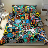Happy Doodle Monsters Sticker Bomb Bedding Set Funny Graffiti Style Cartoon