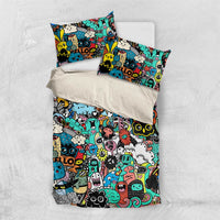 Happy Doodle Monsters Sticker Bomb Bedding Set Funny Graffiti Style Cartoon