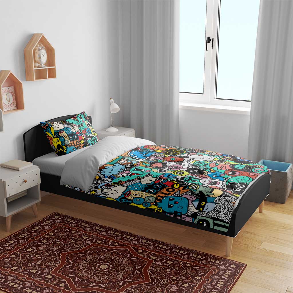 Happy Doodle Monsters Sticker Bomb Bedding Set Funny Graffiti Style Cartoon
