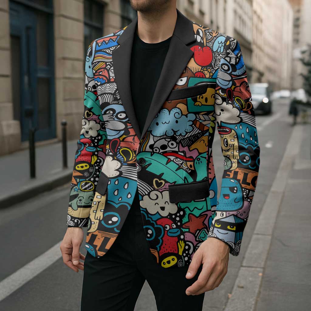 Happy Doodle Monsters Sticker Bomb Blazer Funny Graffiti Style Cartoon